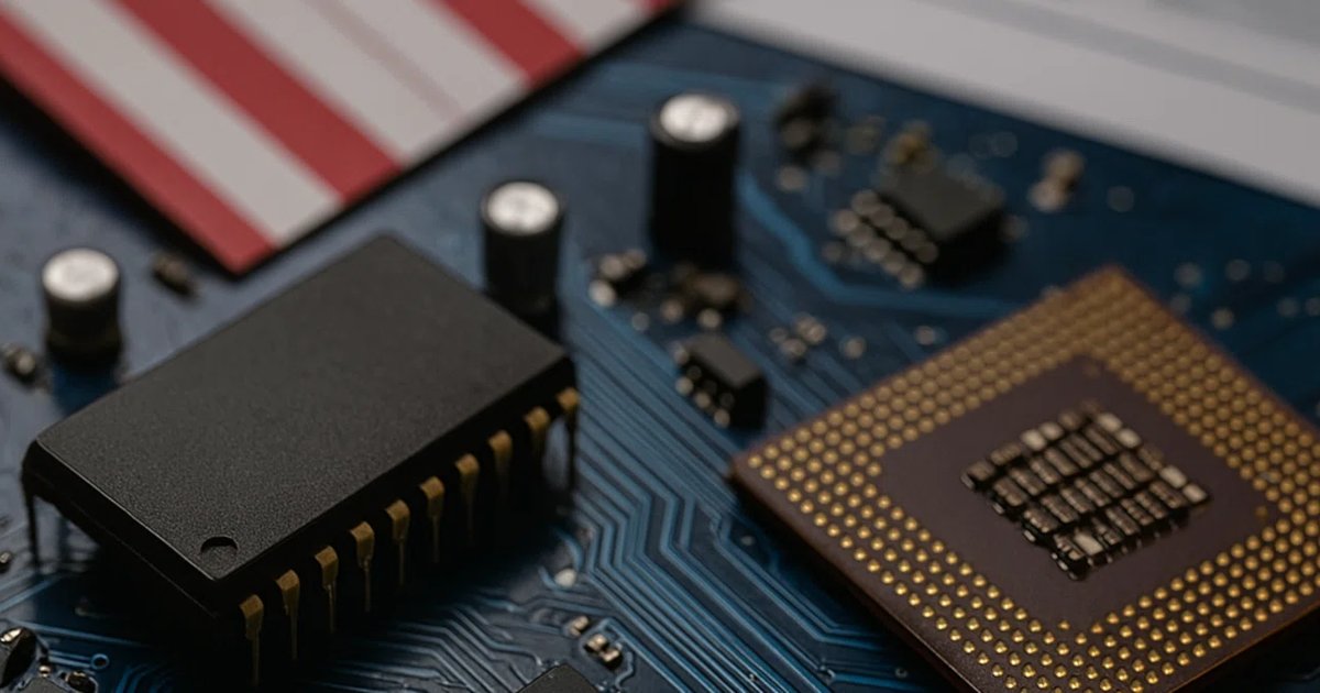 米国旗のそばに置かれた基板と半導体チップ